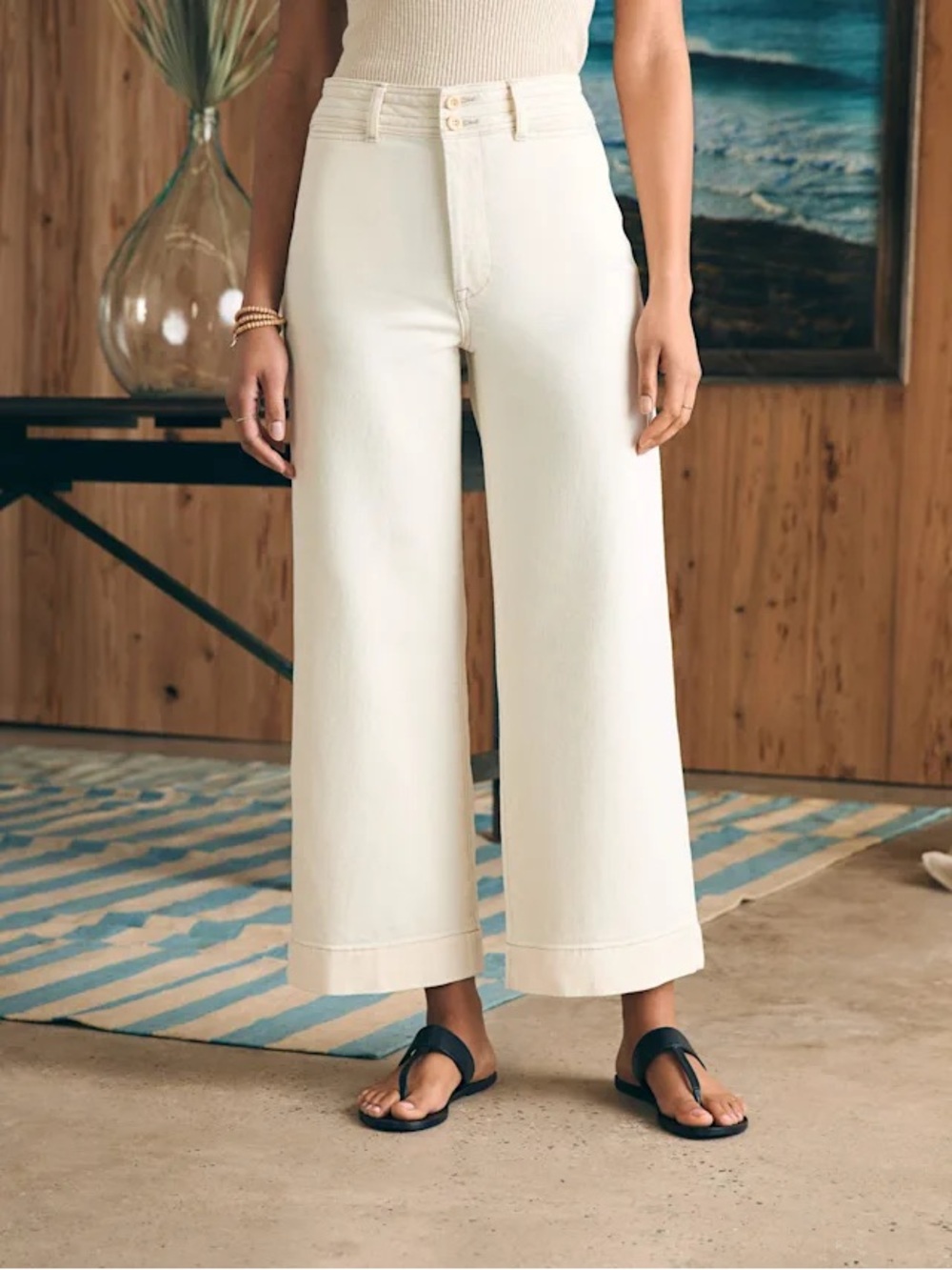 Faherty Harbor Crop Jean White Dune Wash Size 30 High Rise Wide Leg